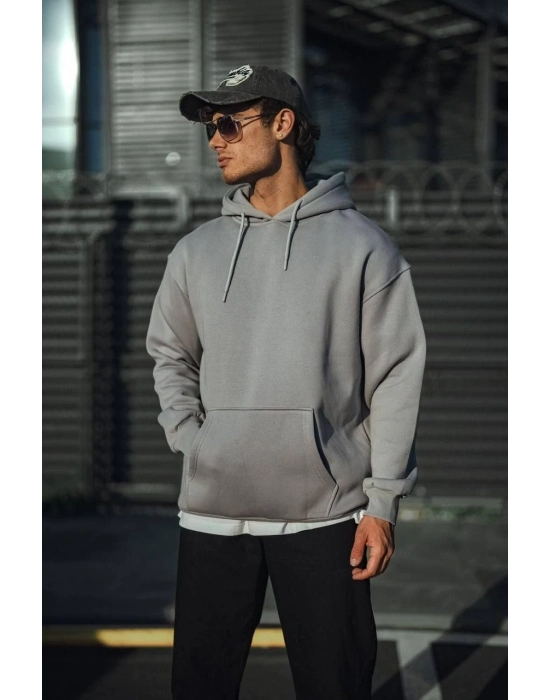 Üç İplik Penye Kapşonlu Basic SweatShirt - Boyalı Gri -