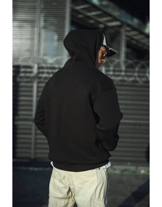 Üç İplik Penye Kapşonlu Basic SweatShirt - Siyah -