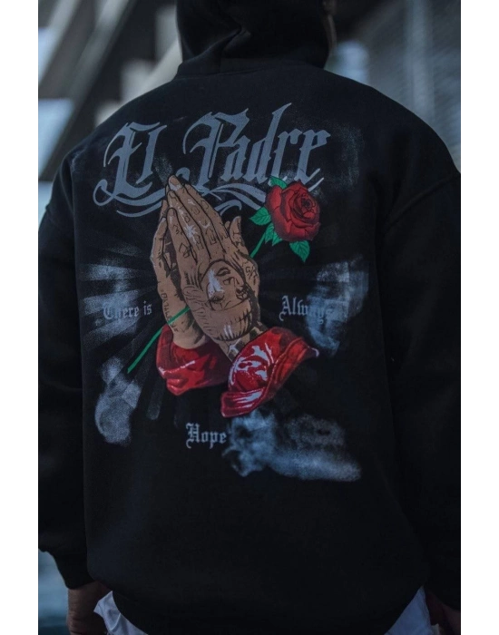 Üç İplik Penye Kapşonlu Baskılı SweatShirt - Siyah -