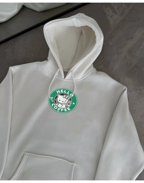 Üç İplik Penye Uzun Kol Kapüşonlu SweatShirt - Beyaz -