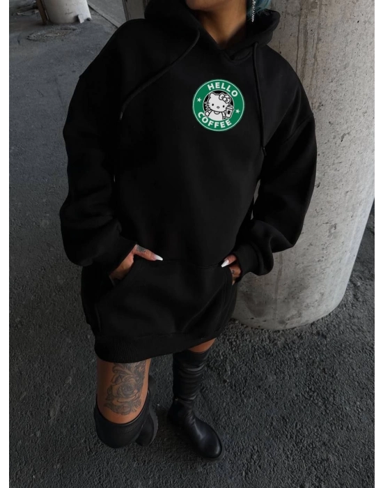 Üç İplik Penye Uzun Kol Kapüşonlu SweatShirt - Siyah -