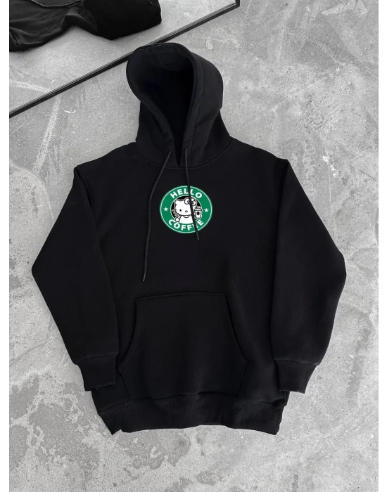 Üç İplik Penye Uzun Kol Kapüşonlu SweatShirt - Siyah -