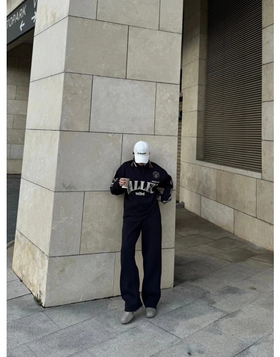 Üç İplik Yakalı Sweat Baggy Pantalonlu Takım - Siyah -