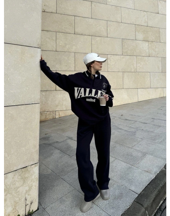 Üç İplik Yakalı Sweat Baggy Pantalonlu Takım - Siyah -