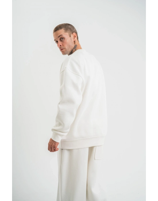 Uzun Kol Bisiklet Yaka Basic SweatShirt - Beyaz -