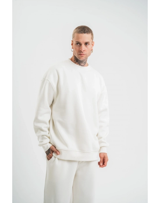 Uzun Kol Bisiklet Yaka Basic SweatShirt - Beyaz -