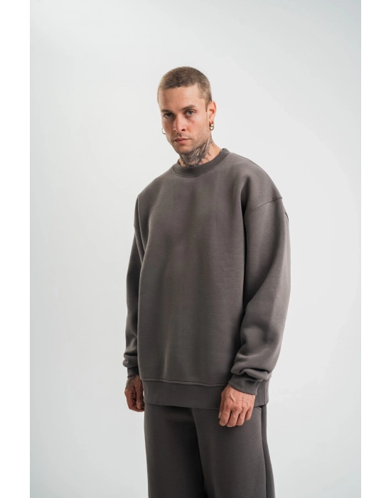 Uzun Kol Bisiklet Yaka Basic SweatShirt - Füme -