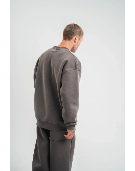 Uzun Kol Bisiklet Yaka Basic SweatShirt - Füme -