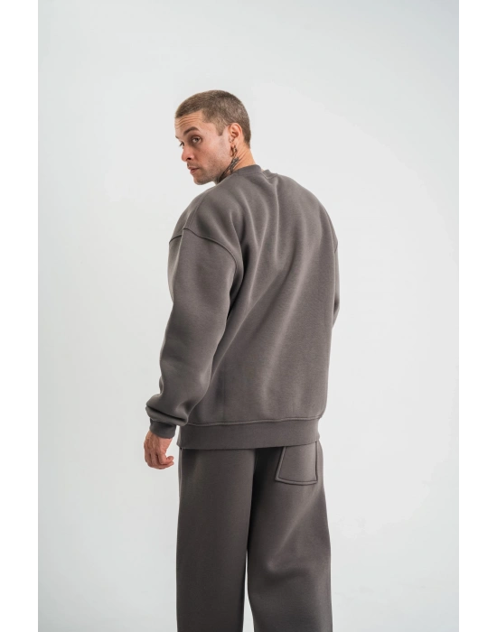 Uzun Kol Bisiklet Yaka Basic SweatShirt - Füme -