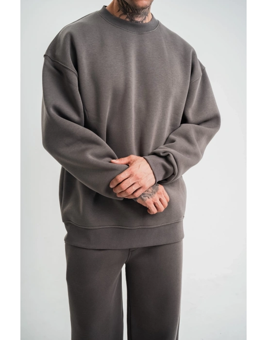 Uzun Kol Bisiklet Yaka Basic SweatShirt - Füme -