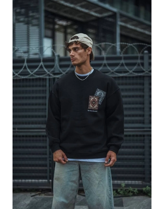 Uzun Kol Bisiklet Yaka Baskılı SweatShirt - Siyah -