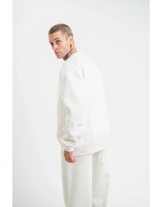 Uzun Kol Bisiklet Yaka Yıkamalı SweatShirt - Beyaz -
