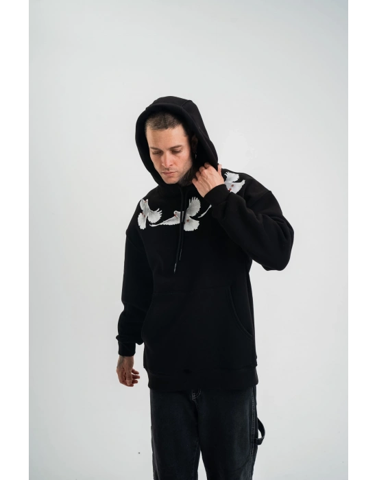 Uzun Kol Bisiklet Yaka Yıkamalı SweatShirt - Siyah -