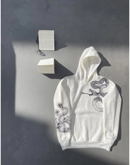 Uzun Kol Kapüşonlu Baskılı SweatShirt - Beyaz -