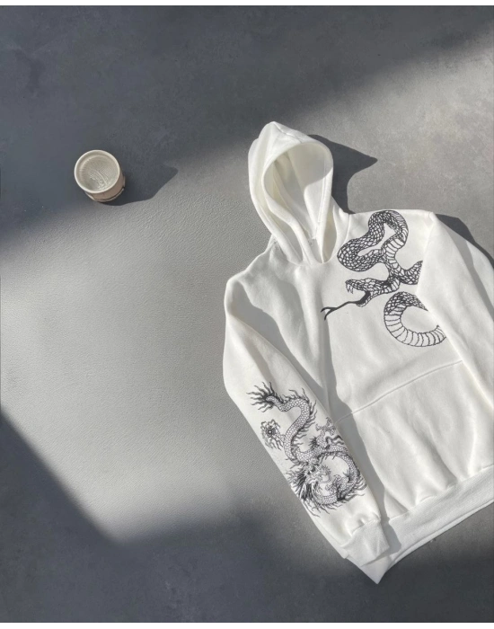 Uzun Kol Kapüşonlu Baskılı SweatShirt - Beyaz -