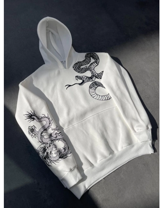 Uzun Kol Kapüşonlu Baskılı SweatShirt - Beyaz -