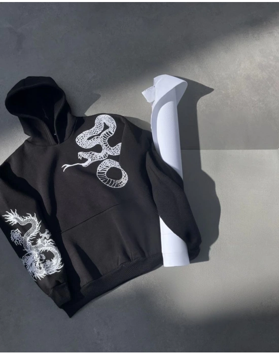Uzun Kol Kapüşonlu Baskılı SweatShirt - Siyah -