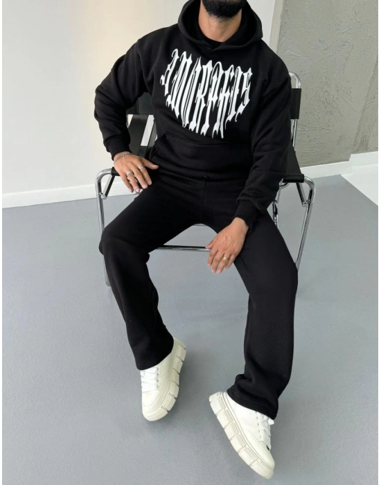 Uzun Kol Kapüşonlu Baskılı SweatShirt - Siyah -