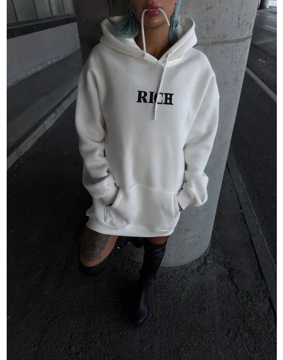 Uzun Kol Kapüşonlu Göğüs Baskılı SweatShirt - Beyaz -