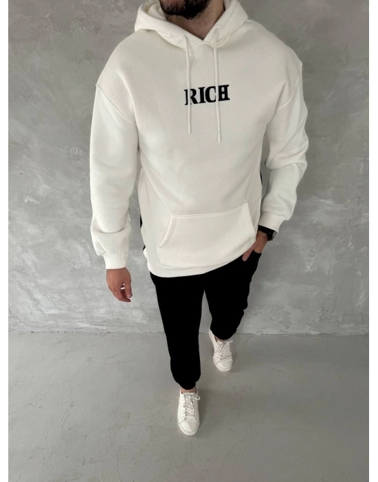 Uzun Kol Kapüşonlu Göğüs Baskılı SweatShirt - Beyaz -