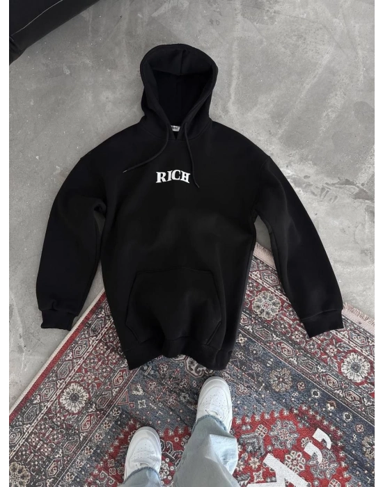 Uzun Kol Kapüşonlu Göğüs Baskılı SweatShirt - Siyah -