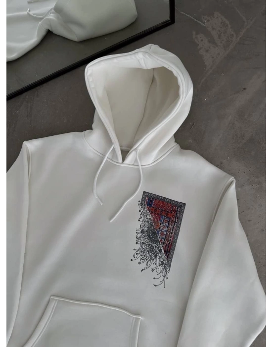 Uzun Kol Kapüşonlu Ön Ve Arka Baskılı SweatShirt - Beyaz -