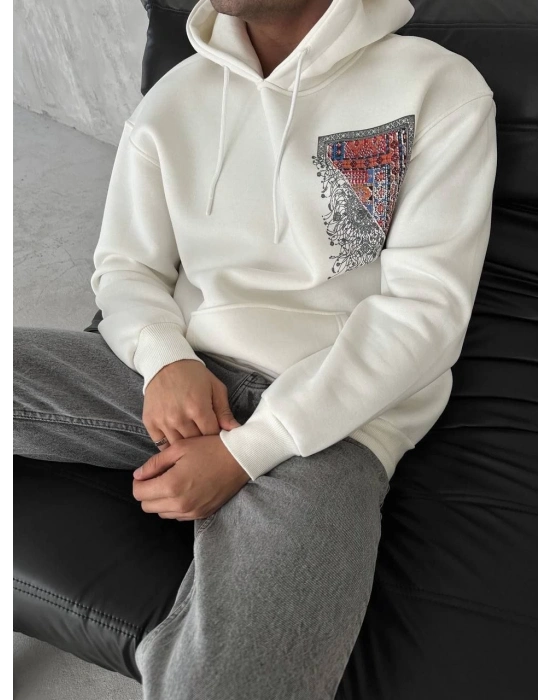 Uzun Kol Kapüşonlu Ön Ve Arka Baskılı SweatShirt - Beyaz -