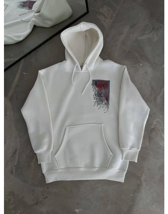 Uzun Kol Kapüşonlu Ön Ve Arka Baskılı SweatShirt - Beyaz -