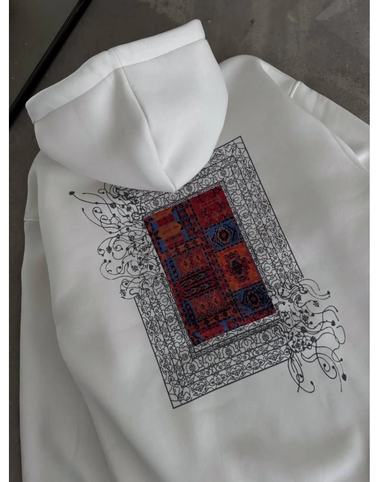 Uzun Kol Kapüşonlu Ön Ve Arka Baskılı SweatShirt - Beyaz -