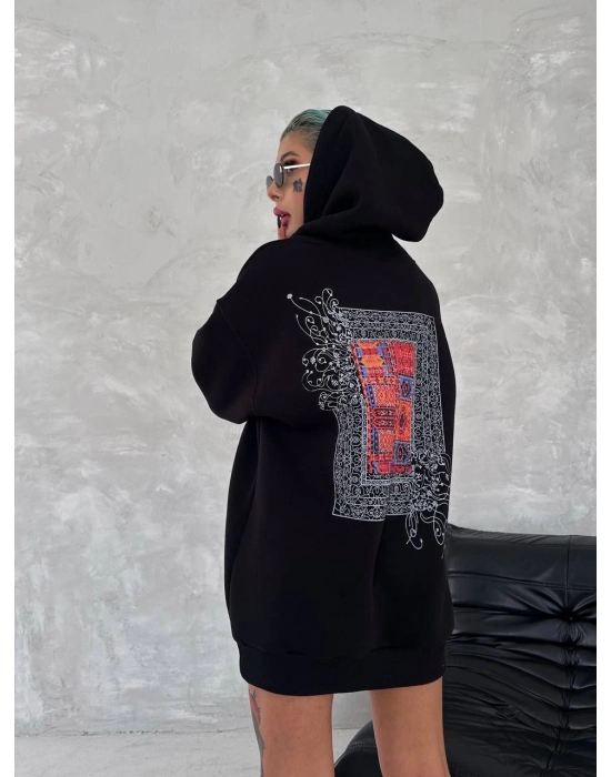 Uzun Kol Kapüşonlu Ön Ve Arka Baskılı SweatShirt - Siyah -