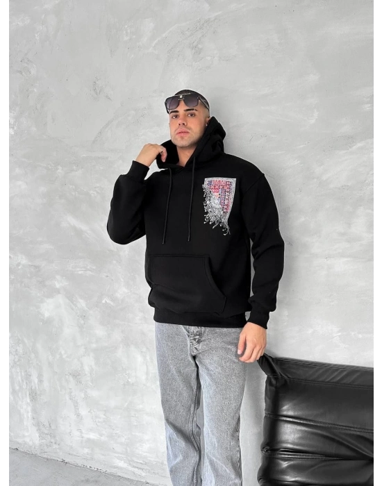 Uzun Kol Kapüşonlu Ön Ve Arka Baskılı SweatShirt - Siyah -