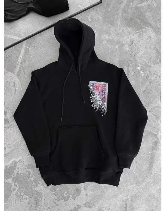 Uzun Kol Kapüşonlu Ön Ve Arka Baskılı SweatShirt - Siyah -