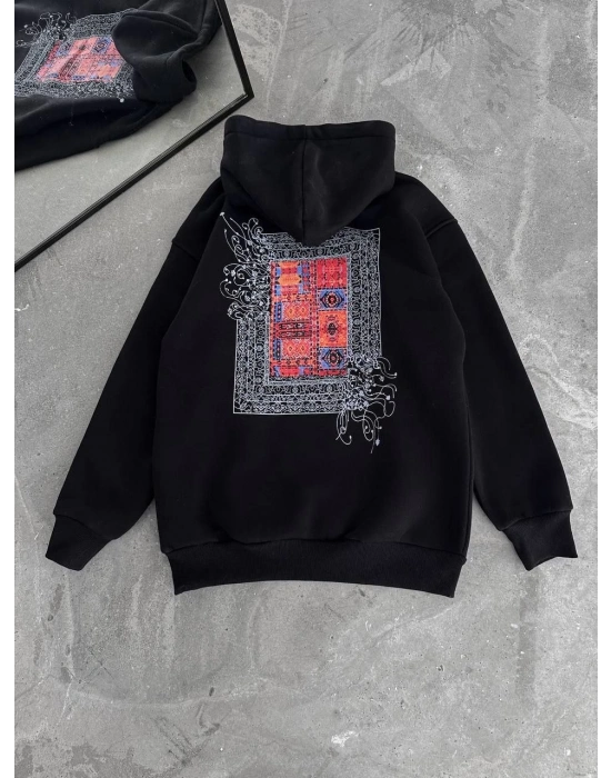 Uzun Kol Kapüşonlu Ön Ve Arka Baskılı SweatShirt - Siyah -