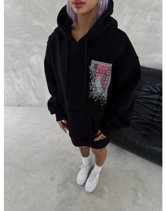 Uzun Kol Kapüşonlu Ön Ve Arka Baskılı SweatShirt - Siyah -
