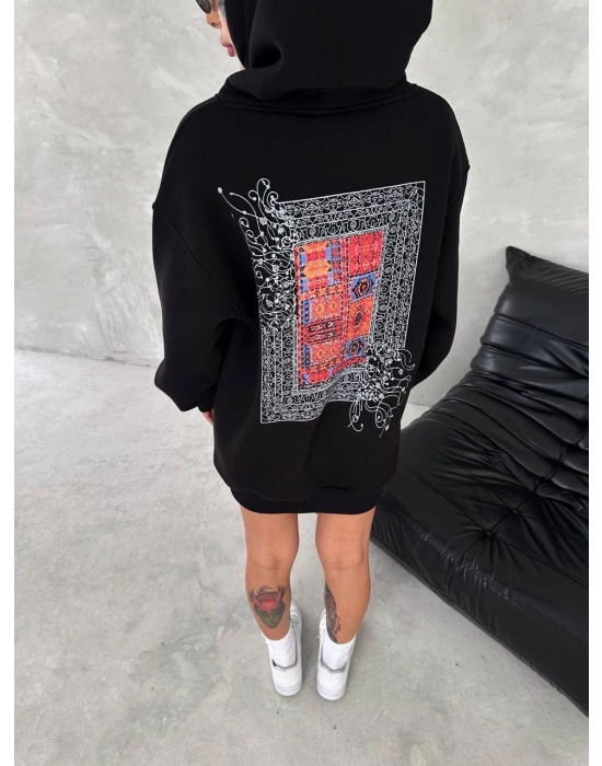 Uzun Kol Kapüşonlu Ön Ve Arka Baskılı SweatShirt - Siyah -