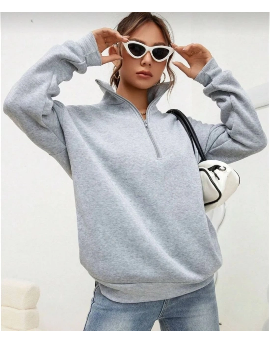 Uzun Kol Yarım Farmuarlı Yakalı Basic SweatShirt - Gri -