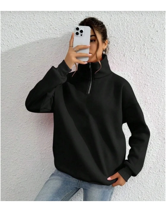 Uzun Kol Yarım Farmuarlı Yakalı Basic SweatShirt - Siyah -