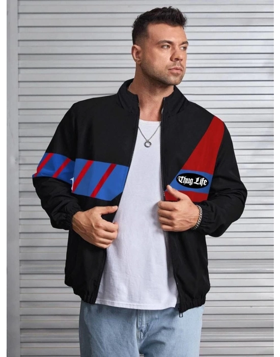 Uzun Koll Fermuarlı Baskılı Rüzgarlik - Siyah -