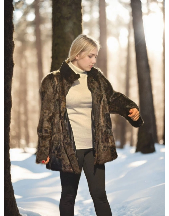 Uzun Kollu Deri Ceket - Leopar -