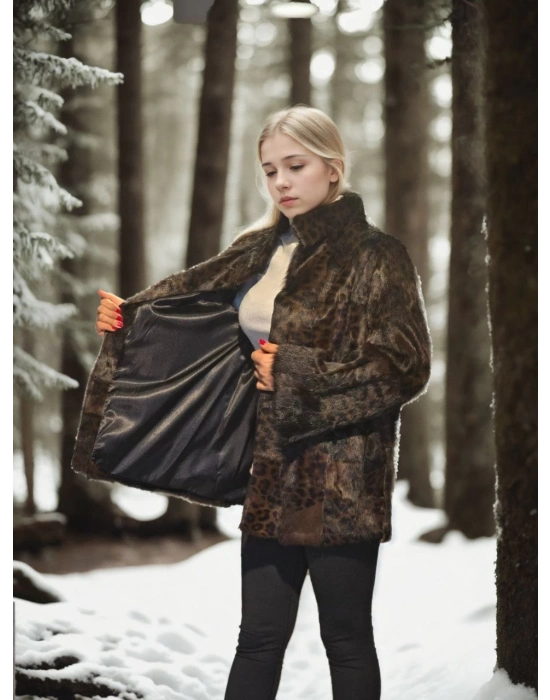 Uzun Kollu Deri Ceket - Leopar -