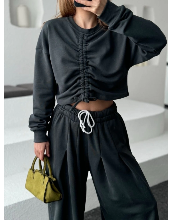 Uzun Kollu Önü İp Büzgülü Crop ve Pantolon İkili Takım - Antrasit -