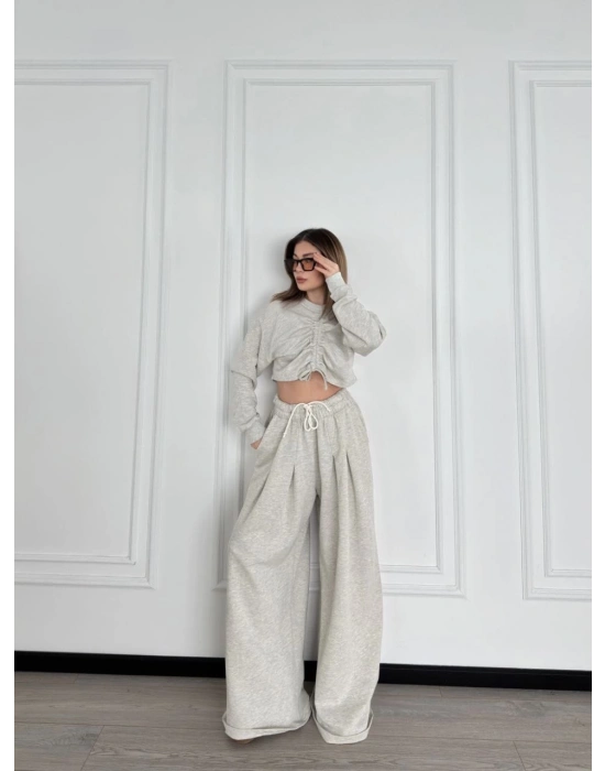Uzun Kollu Önü İp Büzgülü Crop ve Pantolon İkili Takım - Gri -