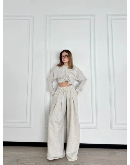 Uzun Kollu Önü İp Büzgülü Crop ve Pantolon İkili Takım - Gri -