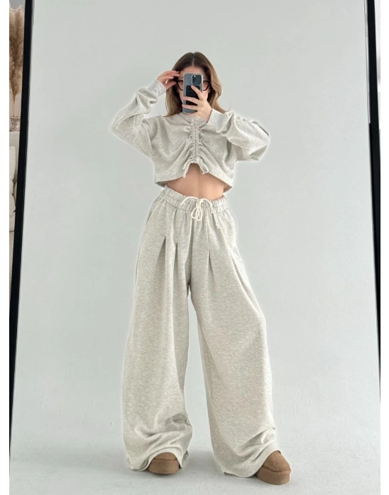 Uzun Kollu Önü İp Büzgülü Crop ve Pantolon İkili Takım - Gri -