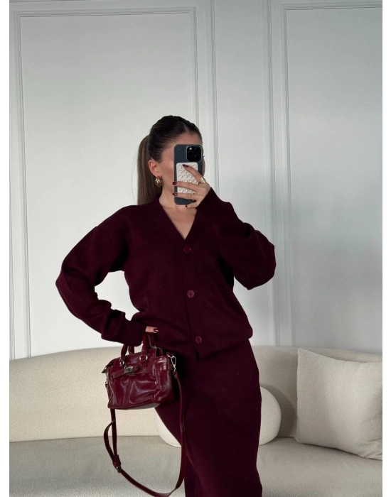 V Yaka 3 Düğmeli Hırka Takım Triko İkili Etekli - Bordo -