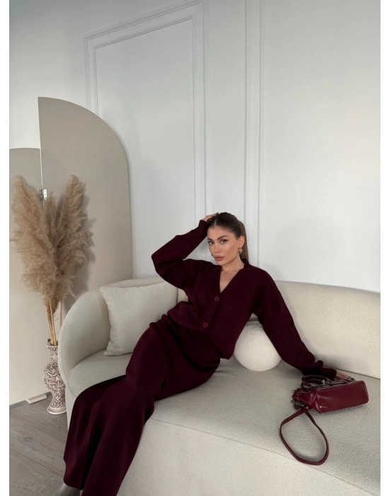 V Yaka 3 Düğmeli Hırka Takım Triko İkili Etekli - Bordo -