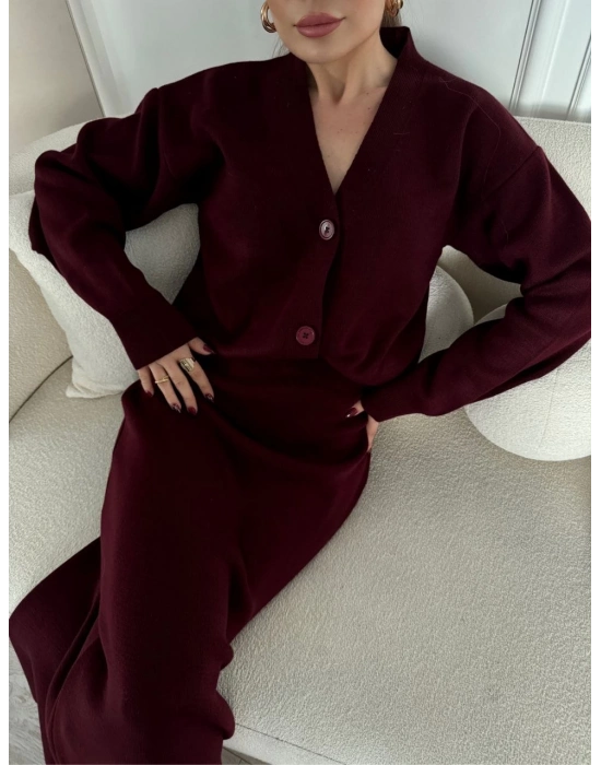 V Yaka 3 Düğmeli Hırka Takım Triko İkili Etekli - Bordo -