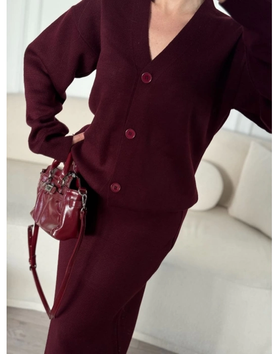 V Yaka 3 Düğmeli Hırka Takım Triko İkili Etekli - Bordo -