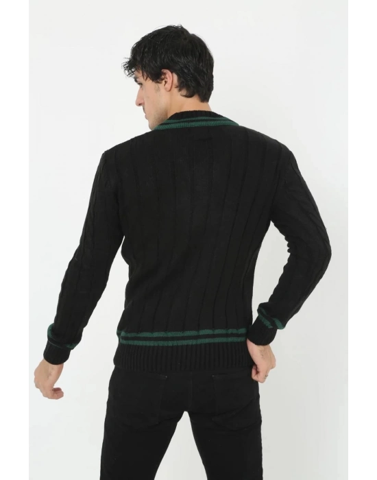 V Yaka Örgülü Kazak - Siyah -