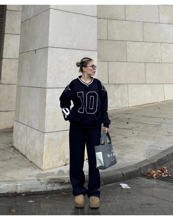 V Yaka Üç İplik Sweat Takım - Siyah -